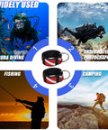 Two Scuba Diving Wrist Straps for diving, photography, fishing, and camping with stainless steel D ring and dive flag pattern.