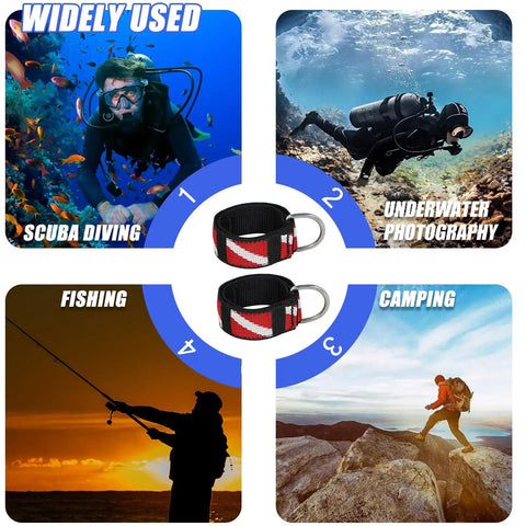 Two Scuba Diving Wrist Straps for diving, photography, fishing, and camping with stainless steel D ring and dive flag pattern.