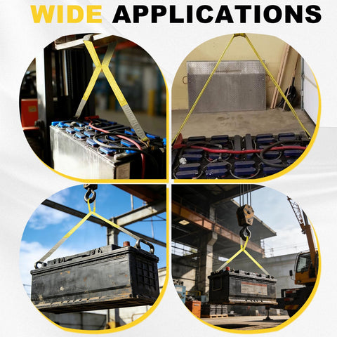 Beefy Heavy Duty Forklift Battery Lifting Sling For Industrial Lifts demonstrating battery handling in various settings