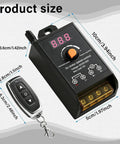Universal Motor Speed Controller For 12V To 60V Systems With 12A Max Includes 2 Remote Controls DIY Ready Perfect For Motors LEDs And Fans 433MHz Wireless RF Switch Compact 100x50x36mm Receiver For Tight Spaces, product size shown with remote