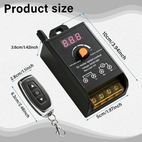 Universal Motor Speed Controller For 12V To 60V Systems With 12A Max Includes 2 Remote Controls DIY Ready Perfect For Motors LEDs And Fans 433MHz Wireless RF Switch Compact 100x50x36mm Receiver For Tight Spaces, product size shown with remote