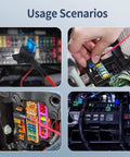 Usage scenarios for Add A Circuit Fuse Tap Kit for 12V vehicles, showing installation in fuse boxes of cars and trucks.