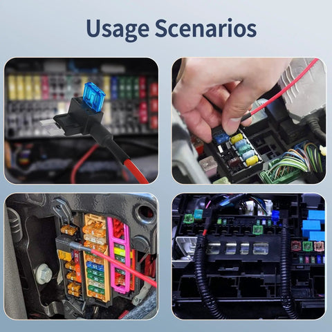 Usage scenarios for Add A Circuit Fuse Tap Kit for 12V vehicles, showing installation in fuse boxes of cars and trucks.