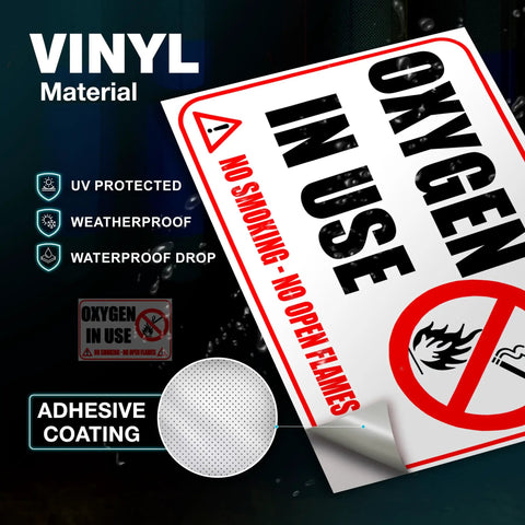 Heavy Duty Oxygen In Use Warning Signs, Straight Up No Smoking Open Flames Alert, Top Tier Waterproof Vinyl Stickers, Built Tough Medical Safety Decals For Home Care Clinics, 2 Pack, showing clear design details.