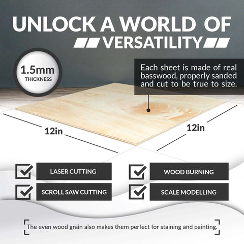 Basswood sheets for crafts, 12 x 12 in, 1.5 mm thick, 10-pack; laser cutting, wood burning, scale modeling.