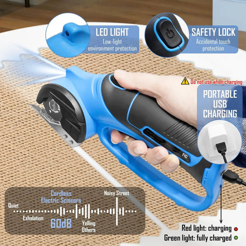 Kickass Cordless Electric Scissors With Glow Led Light Rechargeable Rotary Box Cutter for thick cardboard fabric in use.