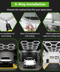 Hexagon Garage Light Fixture With 3 Level Dimmable Brightness, 322W Power, 35,420 Lumen Daylight White 6500K shown in different ceiling layouts