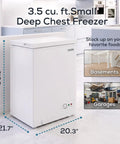 Slick 3.5 Cubic Foot Upright Deep Freezer Chest Features Quick Freeze Dial with LED bulb, compact for garages or basements.