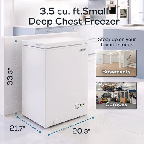Slick 3.5 Cubic Foot Upright Deep Freezer Chest Features Quick Freeze Dial with LED bulb, compact for garages or basements.