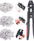 Heavy Duty Wire Rope Crimping Tool Set With 180 Pcs Aluminum Double Barrel Ferrule Sleeves 1.2mm 1.5mm 2mm Pouch Included Crimp Pliers For Fishing Marine And DIY Rigging displaying crimpers and ferrules.