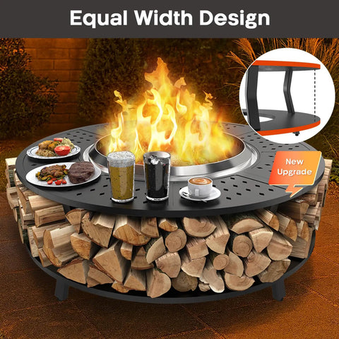 Must Have Fire Pit Surround Tabletop with Equal Width Design, showing fire pit, firewood storage, food, drinks, and upgrade inset.