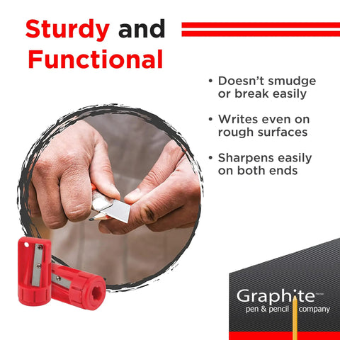 Rugged Graphite Carpenter Pencils That Leave Bold Tracks On Rough Lumber And Power Through Every Jobsite Grind With Hardcore Precision And No Sweat Durability For Woodwork being sharpened with a red sharpener.