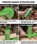 Heavy Duty 16 Inch Firewood Marking Tool Featuring Automatic Paint Roller For Shoot Straight Lines And No Sweat Log Sorting Built Tough Weatherproof Woodsman Essential operation guide showing wheel size selection and paint can preparation.