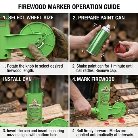 Heavy Duty 16 Inch Firewood Marking Tool Featuring Automatic Paint Roller For Shoot Straight Lines And No Sweat Log Sorting Built Tough Weatherproof Woodsman Essential operation guide showing wheel size selection and paint can preparation.
