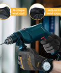 Person using a drill wearing Durable Work Gloves For Men And Women With Touch Screen Ready Fingertips PVC And Synthetic Leather Palm