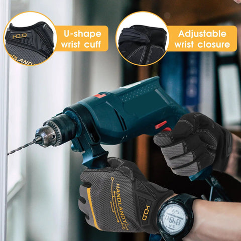 Person using a drill wearing Durable Work Gloves For Men And Women With Touch Screen Ready Fingertips PVC And Synthetic Leather Palm