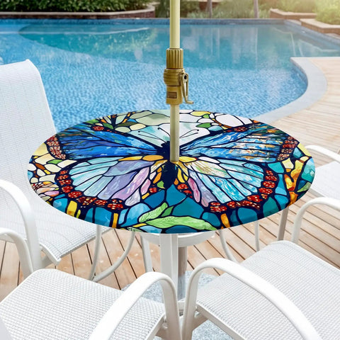 Butterfly Pattern Round Outdoor Tablecloth With Umbrella Hole And Zipper, Waterproof And Anti Wrinkle Cover For 45 To 53 Inch Patio Tables