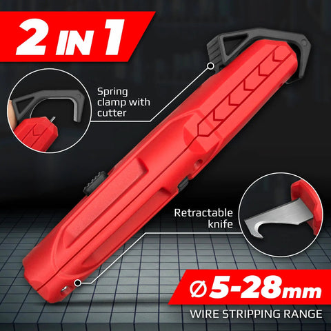 Professional Grade 2-in-1 Wire Stripper And Cable Cutter Tool With Spring Loaded Clamp For Round Wires, 5-28 mm stripping range.