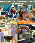 Collage of camping, picnic, barbecue, and traveling scenes with a 5 Gallon BPA Free Water Jug With Spigot For Camping And Hiking.