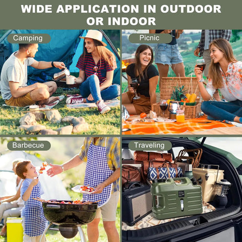 Collage of camping, picnic, barbecue, and traveling scenes with a 5 Gallon BPA Free Water Jug With Spigot For Camping And Hiking.