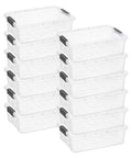 Clear Plastic Storage Bins With Snap On Lids For Home Office Organization Stackable Crates BPA Free Non Toxic Craft And Tool Organizer 13.7 Quart 12 Pack arranged in neat stack.