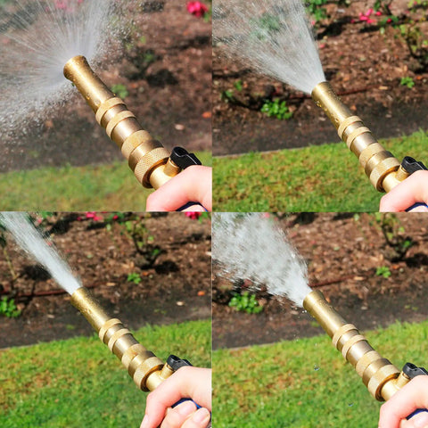 Adjustable Twist Garden Hose Nozzle With Heavy Duty Brass Sprayer 4 Inch Tip in use spraying water in garden