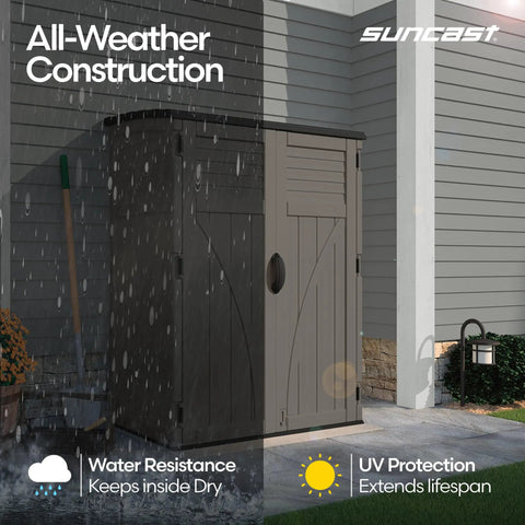 Weatherproof Outdoor Storage Cabinet Vertical Shed With Lockable Padlock-Ready Handles 54 Cu Ft Capacity in rain