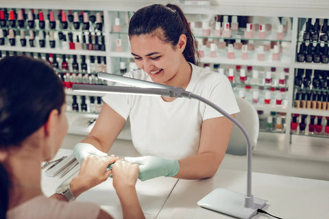 Double Head Desk Lamp With Independent Switch, Flexible Arm, in use at nail salon, lighting up manicure session