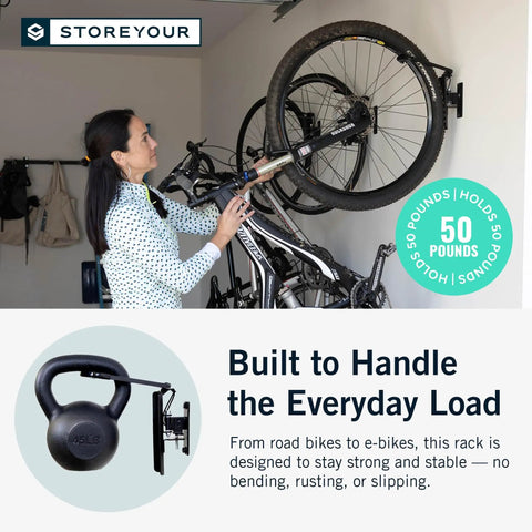 Two Pack Black Garage Bike Hangers Wall Mounts For Indoor Storage, Vertical Bicycle Rack with 124 Degree Swivel in use