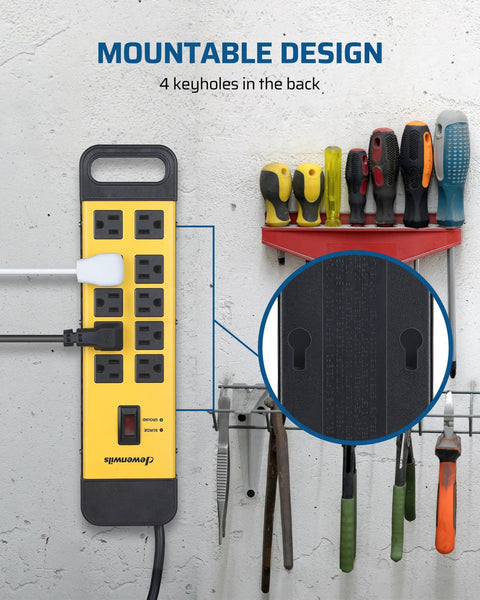 10 Outlet Power Strip With 15ft Cord And Flat Plug UL Listed Surge Protector mounted in a garage workshop with tools.