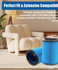 Image showing 2 Pack 3 Layer VF5000 Replacement Filter For 5 To 20 Gallon Wet Dry Vacuums alongside a beige armchair in a living room.
