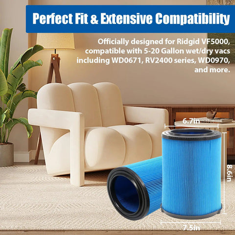 Image showing 2 Pack 3 Layer VF5000 Replacement Filter For 5 To 20 Gallon Wet Dry Vacuums alongside a beige armchair in a living room.