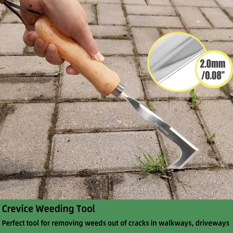 Crevice Weeding Tool With Serrated Tines, Stainless Steel Crack Weeder For Driveways, Sidewalks And Patio Cracks That Effortlessly Removes Weeds And Moss With An L Shaped Blade, 2.0mm blade on brick crack