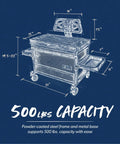 Blueprint sketch of Beast Heavy Duty Shop Stool With Backrest, 500 lb capacity, tool storage, cupholder, 360 degree wheels.