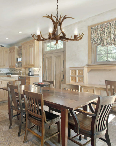 26 Inch Brown Resin Faux Horn Antler Chandelier 4 Light Rustic Farmhouse Hanging Light for Dining Room