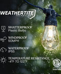 Solar Powered Outdoor String Lights 48 Ft Edison Bulbs Shatterproof LED with raindrops highlighting weatherproof features.