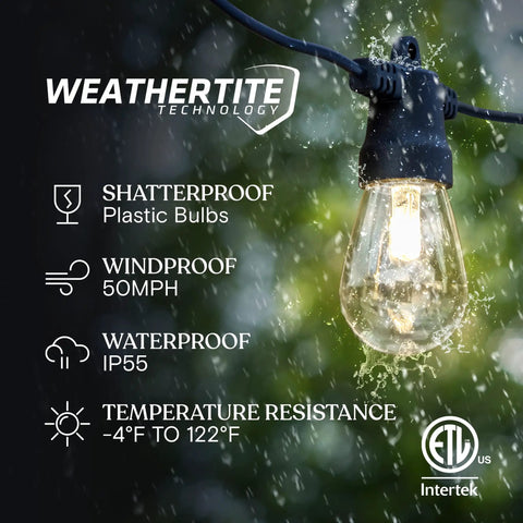 Solar Powered Outdoor String Lights 48 Ft Edison Bulbs Shatterproof LED with raindrops highlighting weatherproof features.
