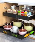 No Sweat Roll Out Cabinet Organizers Two Pack Adjustable Width Storage Bins With Strong Nano Adhesive Tape, featuring pots and pantry items.