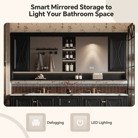 Fierce French Retro Double Sink Bathroom Vanity With Built In Led Defog Mirror And Dang Solid Freestanding Wood Cabinet For Super Sleek Luxury Bath Upgrade Projects with mirrored storage and LED lights.