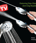 High Pressure Shower Head Combo With Rain And Handheld Modes Anti Clog Nozzles Extra Long Six Foot Hose 3 Way Water Flow All Chrome Finish.