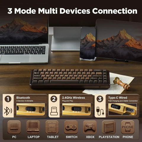 Built Different 65 Percent Wireless Mechanical Keyboard Featuring Solid Walnut Wood Shell And Hot Swap Switches For Sick Desk Setups And Smooth Gaming Sessions With Dope Rgb Lighting displayed on a desk with devices.