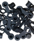 25 Pack Brake Bleeder Screw Caps For Grease Zerks Rubber Dust Covers With Keeper Leash in a pile, black rubber material