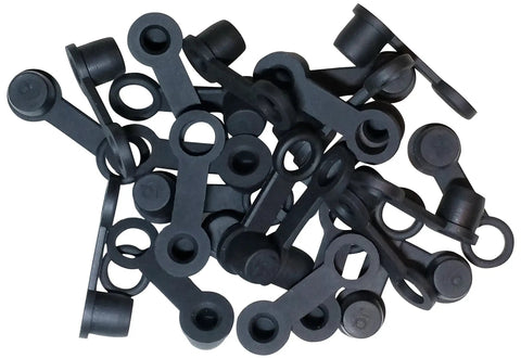 25 Pack Brake Bleeder Screw Caps For Grease Zerks Rubber Dust Covers With Keeper Leash in a pile, black rubber material