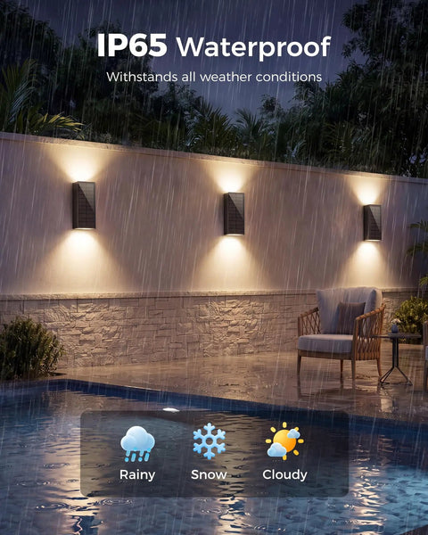 Rugged As Nails 2 Pack Solar Wall Lights Outdoor IP65 Waterproof illuminating wall during rain under cloudy sky.