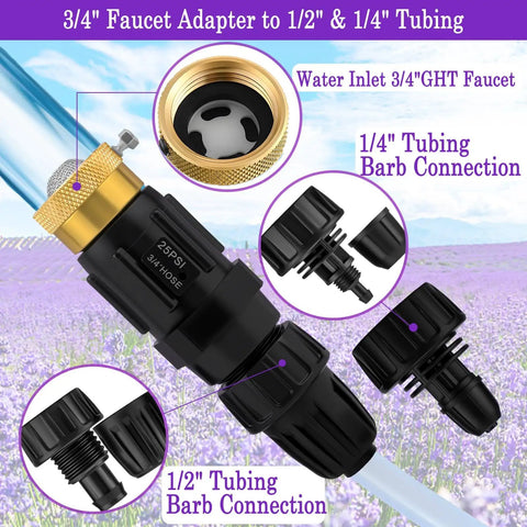 All In One Drip Irrigation Faucet Adapter Kit With 25 PSI Regulator And Filter Backflow Preventer for 3/4 to 1/2 and 1/4 inch tubing