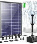 8W Solar Fountain Pump with 3600mAh Backup Battery for Bird Bath, nozzles, tubing, and solar panel shown, dual layer nozzles visible.