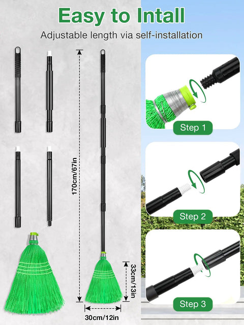 Heavy Duty Outdoor Broom With Super Stiff Bristles Commercial Yard Sweep For Leaves And Debris showing adjustable pole sections.