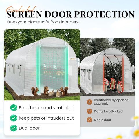 Backyard Growers Favorite 15x7x7 Ft Walk In Greenhouse With Pro Grade Heavy Duty Galvanized Steel Frame Mesh Door Screen Window Hoop Tunnel Design White Finish Includes Brass Irrigation Kit For Easy Watering
