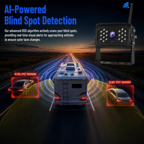 Dead Simple Wireless Backup Camera For Truck RV Trailer With AI Blind Spot Monitoring No Wiring Required Rock Solid 985 FT WiFi Range HD screen showing lane alerts.