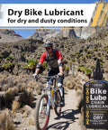 Cyclist on mountain trail using No Nonsense Dry Bike Chain Lube For MTB With Ceramic Coating And PTFE, ideal for dry dusty conditions.